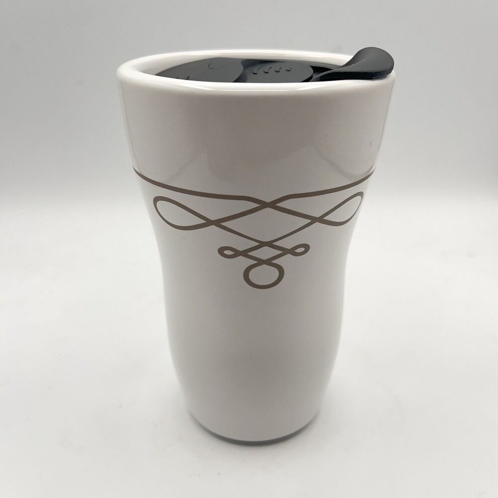 Starbucks 2016 White Ceramic Travel Tumbler Mug w/Lid 9 oz Gold Pinstripe